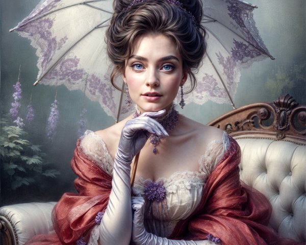 Elegant Woman in Vintage Gown on Ornate Sofa