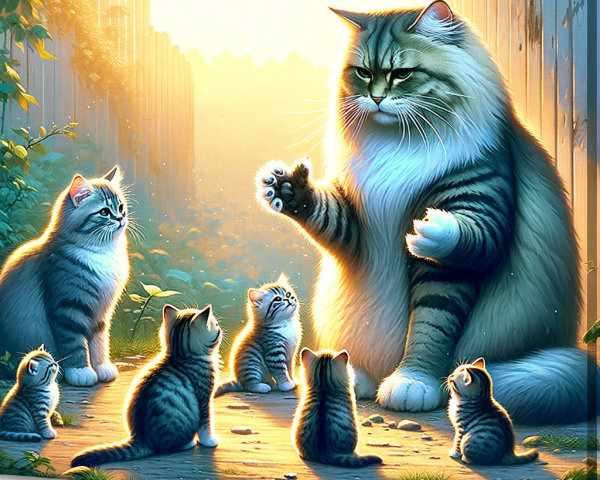 Fluffy tabby cat instructing kittens in sunlit garden