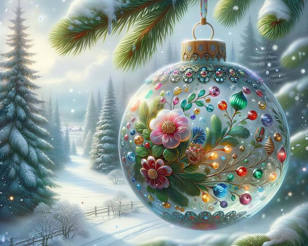 Intricate Clear Christmas Ornament on Snowy Pine Branch