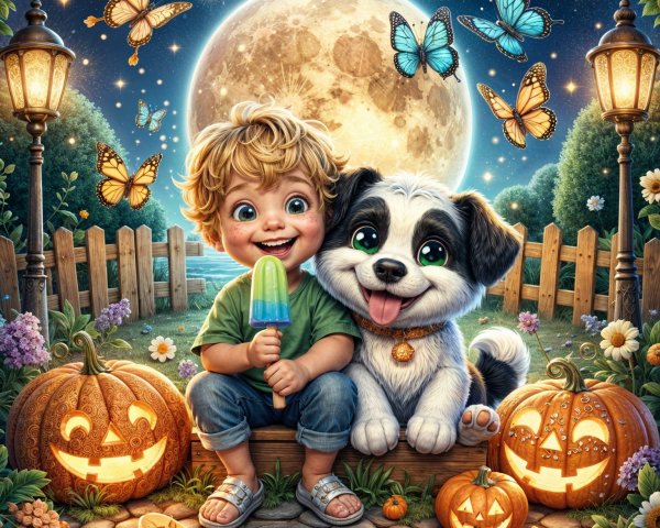 Cheerful boy with puppy in vibrant autumn scene