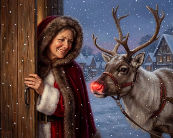 Mrs. Claus in Festive Attire Amidst Snowy Scene