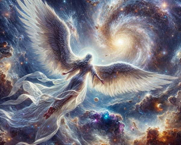 Celestial Scene with Angel and Cosmic Backdrop