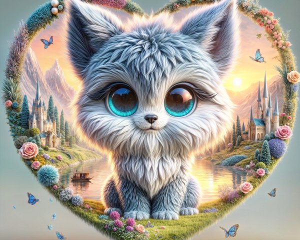 Whimsical Fox in Heart Frame with Enchanting Landscape
