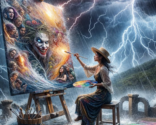 Woman in Straw Hat Painting Chaotic Stormy Scene