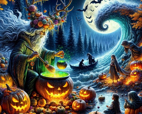 Mystical Landscape with Witch and Halloween Elements