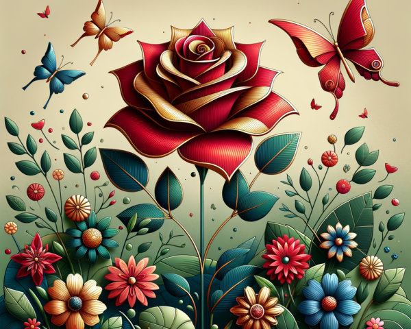 Vibrant Floral Arrangement with Red Rose and Butterflies