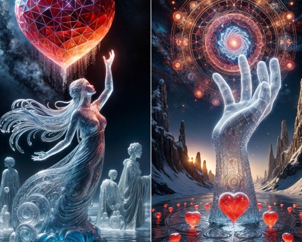 Surreal Scene with Crystalline Heart and Ethereal Figure