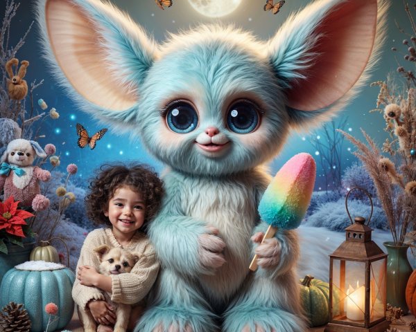 Whimsical Moonlit Scene with Child and Fluffy Creature