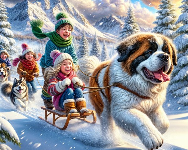 Children Sledding with St. Bernard in Winter Landscape
