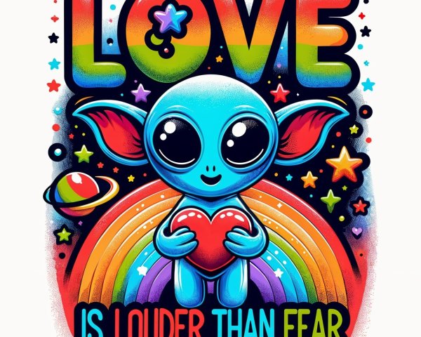 Cartoon Alien with Heart and Rainbow Background