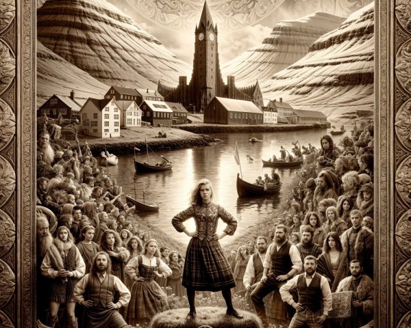 Sepia-Toned Landscape with Traditional Attire and Village