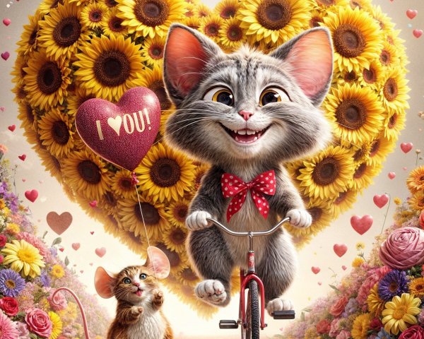 Oversized Cat on Bicycle with Heart Balloon and Mouse
