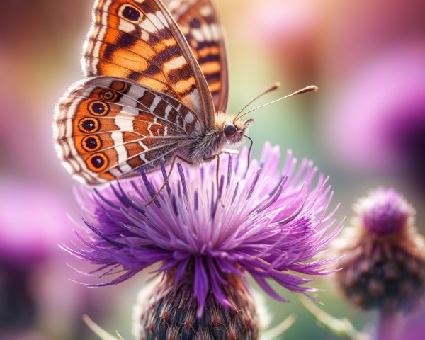 Butterfly on Purple Flower with Soft Focus Background