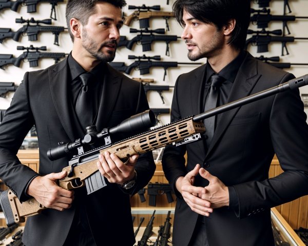 Men in Suits Discuss Firearms in Gun Store