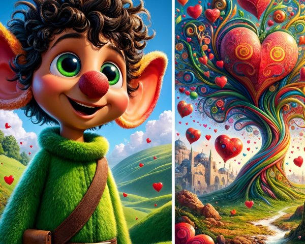 Cheerful Character in Heart-Filled Vibrant Landscape