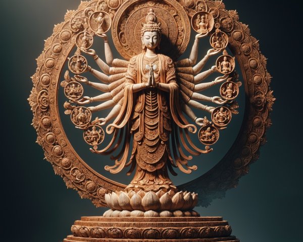 Intricately Carved Multi-Armed Deity Statue Description
