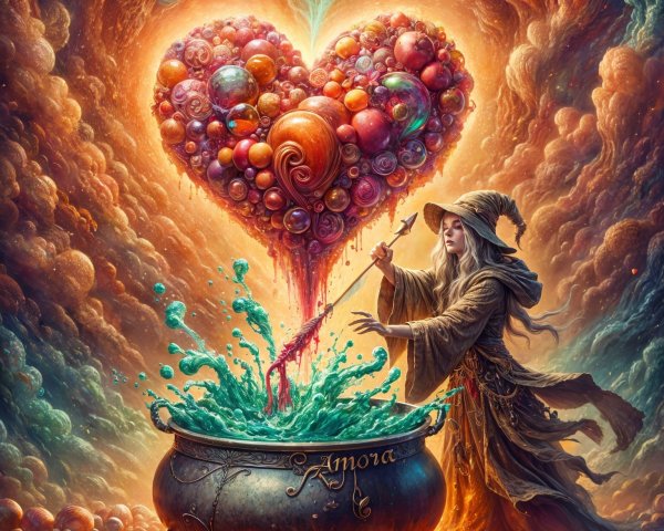 Robe-clad figure stirs colorful cauldron in magic scene