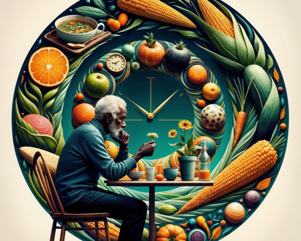 Elderly Man Contemplates Flower Surrounded by Collage