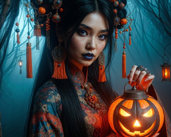 Mystical forest scene with woman and glowing lanterns