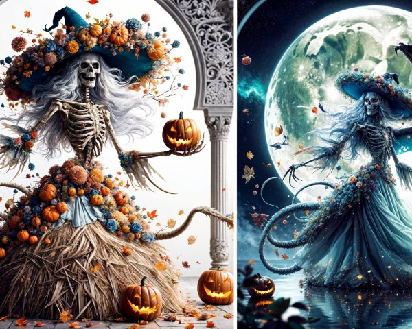 Whimsical Skeletal Figure in Floral Gown and Autumn Decor