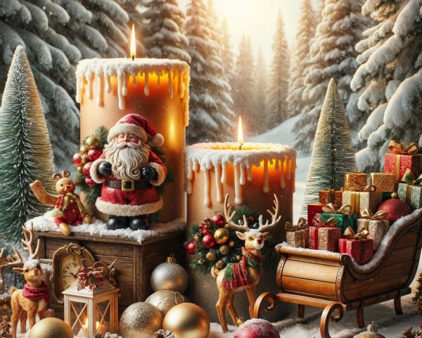 Festive Winter Scene with Candles and Santa Claus
