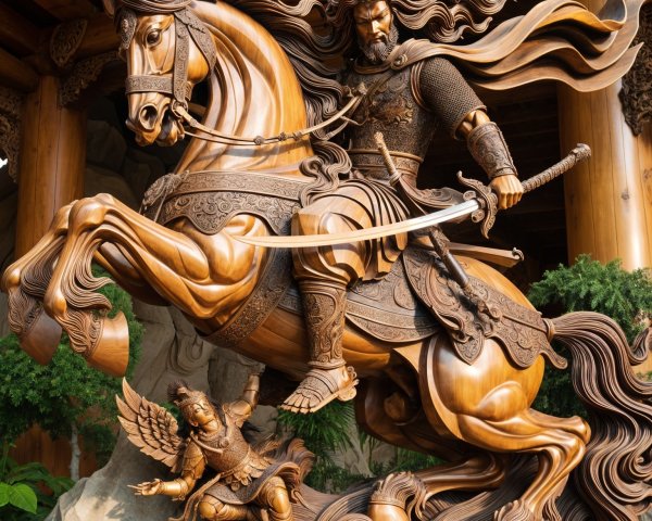 Wooden Sculpture of Warrior on Horseback with Detail