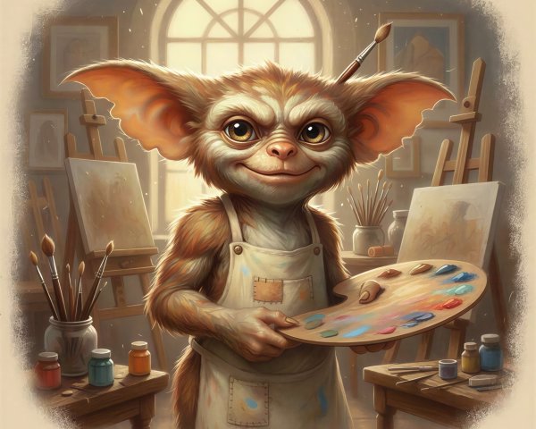 Mischievous Furry Creature in Artist's Studio Setting