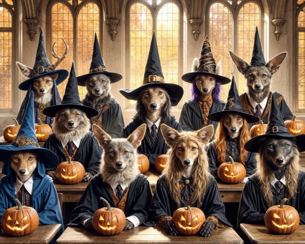 Gothic Classroom with Wizard Wolves and Pumpkins