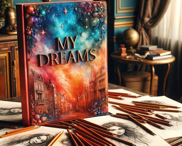 Journal titled "MY DREAMS" on a creative table setting
