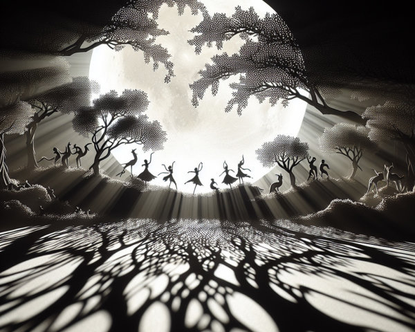 Illuminated Paper Cut Art Scene with Silhouettes