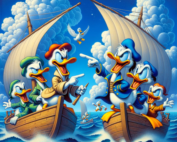 Animated Ducks in Colorful Boats on Blue Waves