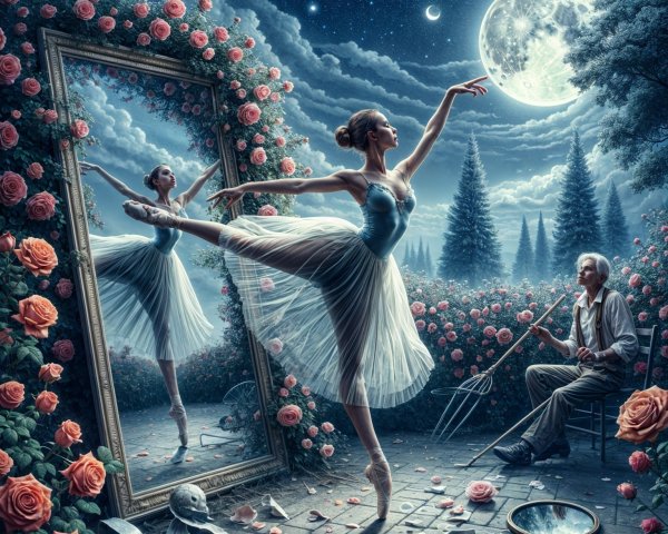 Ballet Dancer in Enchanted Moonlit Rose Garden