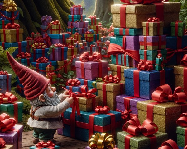 Whimsical Forest Scene with Cheerful Gnome and Gifts