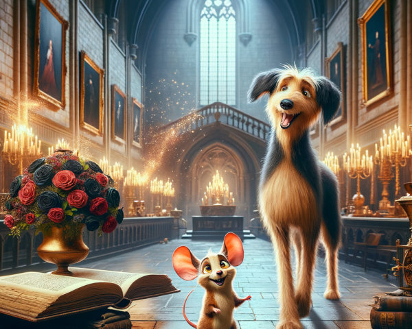 Candlelit Hall with Dog, Mouse, and Roses on Book