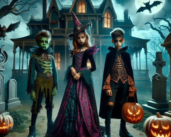 Halloween Costumes in a Spooky Graveyard Scene