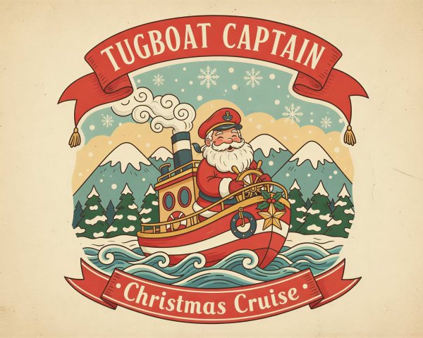 Vintage Holiday Illustration of Santa as Tugboat Captain