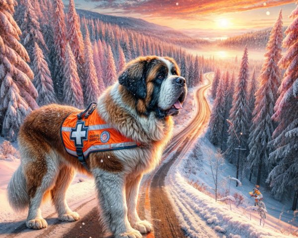 Saint Bernard in Rescue Vest on Snowy Winter Road
