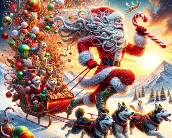 Santa Claus in Red Suit with Sleigh and Huskies