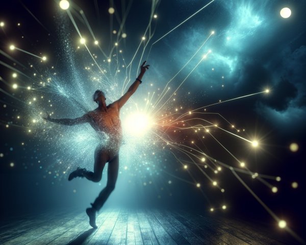 Dancer in Ethereal Space with Vibrant Light Effects