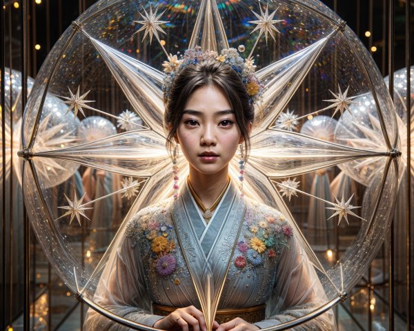 Elegantly Dressed Woman with Starry Umbrella Backdrop