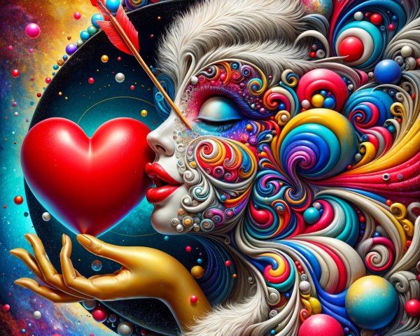 Surreal Portrait of Woman with Heart and Cosmic Elements