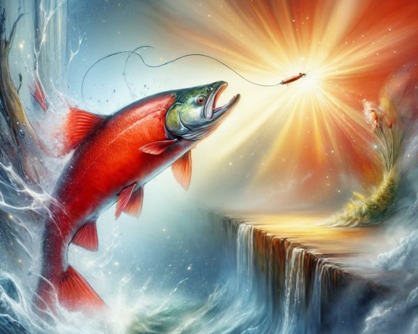 Surreal Scene of Salmon Leaping in Turbulent Waters