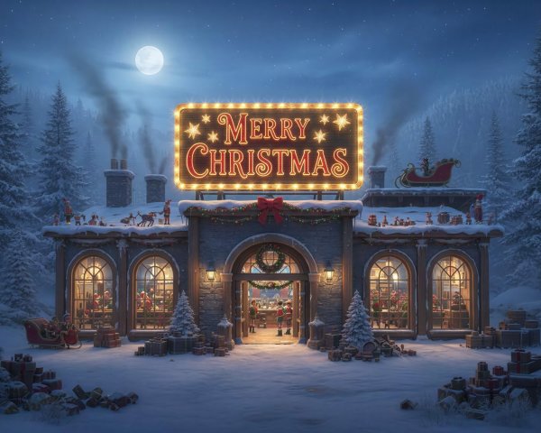 North Pole Holiday Scene with Santa's Workshop and Elves