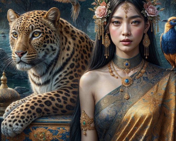 Majestic Woman in Ornate Sari with Leopard and Birds
