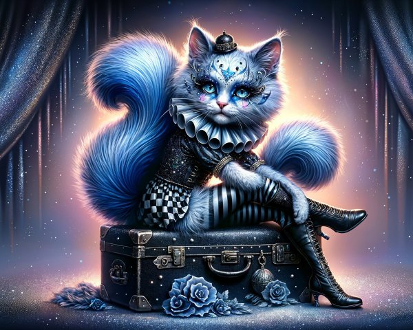 Whimsical Cat on Ornate Suitcase with Starry Background