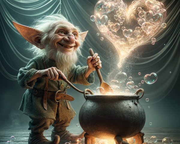 Whimsical Goblin Stirring Cauldron with Magical Bubbles