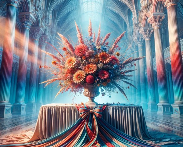 Vibrant Floral Arrangement in Grand Hall Setting