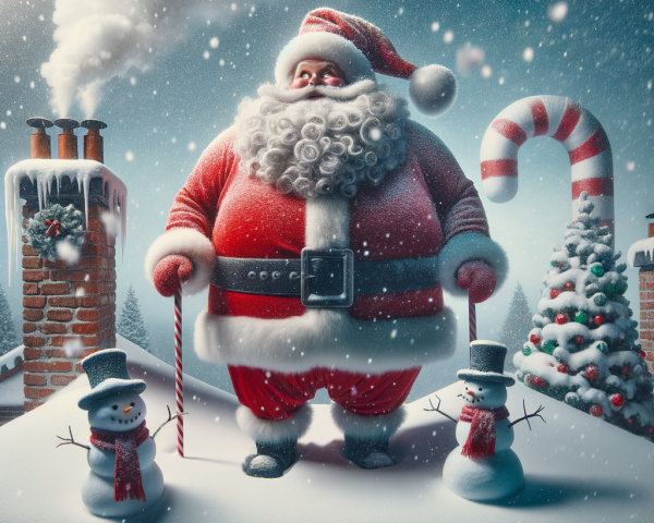 Santa Claus on Rooftop with Snowmen and Christmas Tree