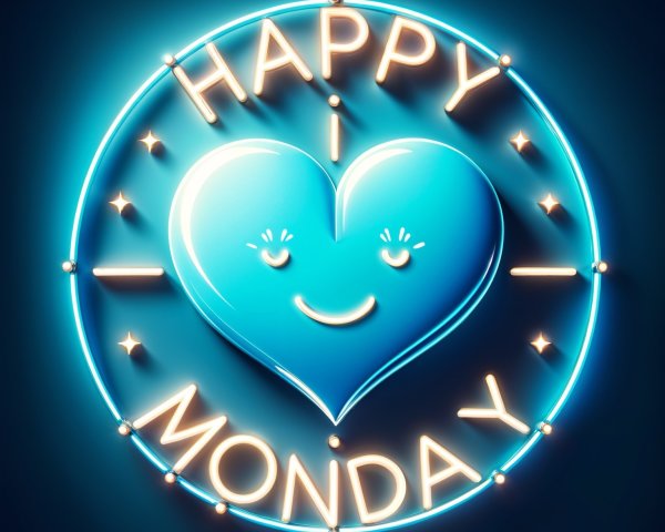 Neon Sign Design with "HAPPY MONDAY" and Blue Heart