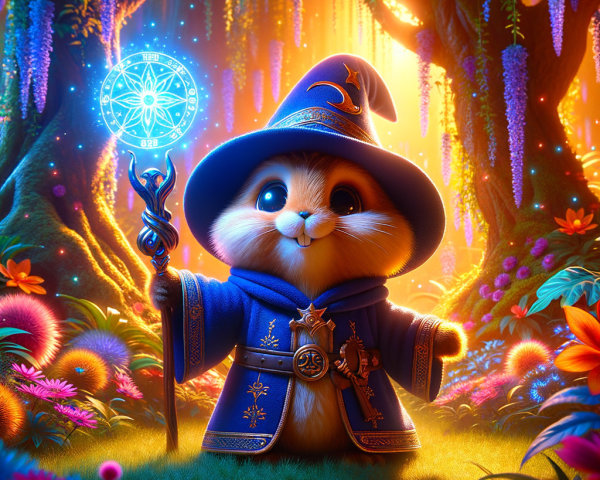 Plump Hamster Wizard in Enchanted Forest Setting